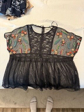 Zara Black Lace Peplum Top with Colorful Floral Embroidery
